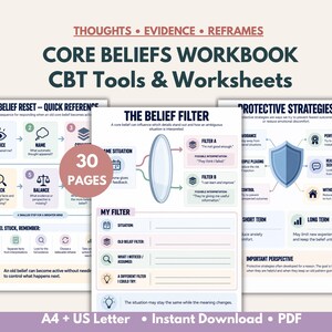 May include: A digital workbook titled Core Beliefs Workbook CBT Tools & Worksheets featuring 30 pages. The document includes sections labeled Core Belief Reset, The Belief Filter, and Protective Strategies with diagrams, icons, and text.