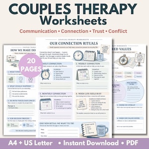 Pode incluir: Um conjunto de 20 fichas de terapia de casal imprimíveis com seções para comunicação, conexão, confiança e conflito. As páginas incluem sugestões para tomada de decisão, rituais de conexão e valores compartilhados em formato A4.