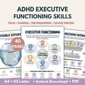 ADHD Executive Functioning Skills, Psychoeducation Worksheets, Focus, Planning, Time Management & Organization Toolkit