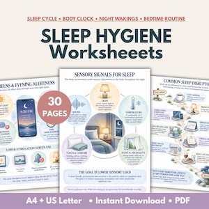 Hojas de trabajo sobre higiene del sueño y guía para dormir mejor, folletos sobre terapia del sueño, ciclo del sueño, rutina para ir a la cama, despertares nocturnos, PDF imprimible