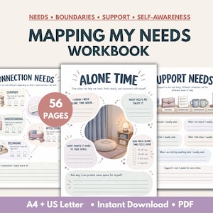 Pode incluir: Um caderno de exercícios Mapping My Needs de 56 páginas com seções sobre necessidades de conexão, tempo a sós e apoio. As páginas incluem prompts, caixas de seleção e ilustrações de bancos, peças de quebra-cabeça e um ambiente aconchegante.