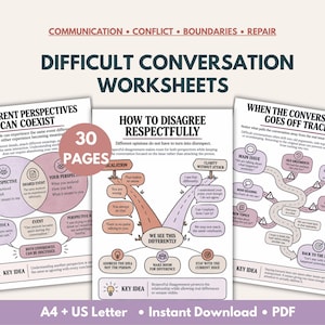 May include: A set of 30 pages of difficult conversation worksheets featuring diagrams and text including titles like Different Perspectives Can Coexist, How to Disagree Respectfully, and When the Conversation Goes Off Track in A4 and US Letter sizes.