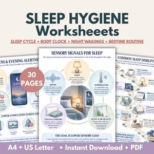 Pode incluir: Um conjunto de 30 páginas de fichas de higiene do sono em formato PDF A4 e US Letter. Os documentos apresentam diagramas educativos e texto sobre tópicos como sinais sensoriais para o sono, perturbadores comuns do sono e uso de ecrãs.