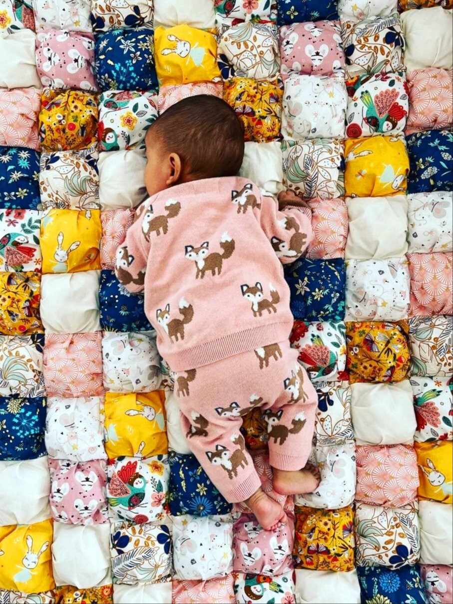 Couverture Bébé Mosaïque Patchwork Fait Main - Couverture Naissance, Tapis Jeu, Cadeau de Naissance