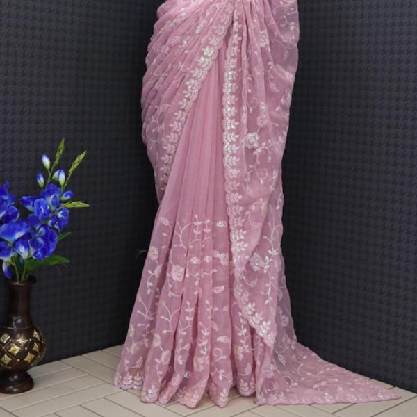 Pink Color Fancy Saree Multi Embrodiry Sequence Work Sliver Shiny Creap Silk work Blouse/with all over Embridery/Light Weight Saree