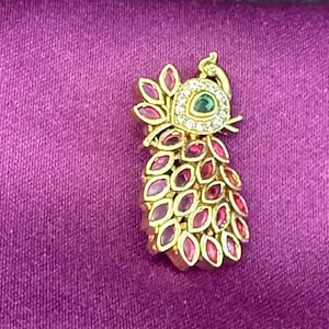 Jadau Saree Pin: Ruby Pink Peacock, Antique Gold Finish