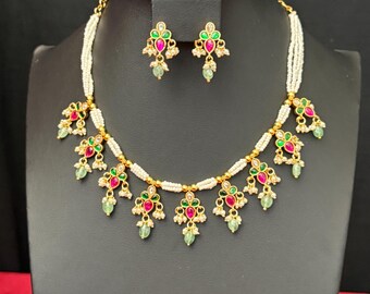 Kundan Sugar Pearl Necklace Set: Ruby, Green, Pink Indian Jewelry