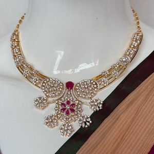 AD Ruby Dimond  Necklace with Earrings Cubic Zirconia Stone/Indian Jewelry Set: Gold Finish
