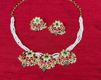 Jadau Kundan Sugar Pearl Necklace Earring Set: Light Weight /Mini Small Set/Indian Jewelry