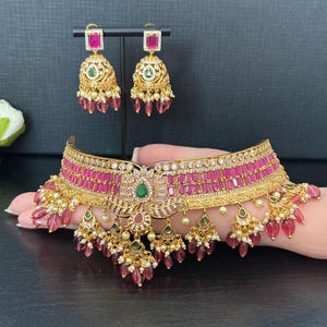 Choker with Earrings Ruby Pink Lavender Pink Beads Drop/Indian Jewelry/Antique Gold Finish