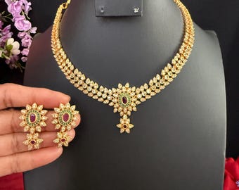 CZ Ruby Emerald Necklace Earrings: Matte Gold Indian Jewelry Set