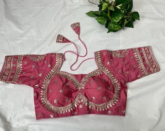 Pink Banarasi Silk Saree Blouse: Embroidered Padded Top (Size 38-40)