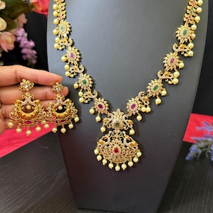 CZ Peacock Haram Necklace & Earrings: Matte Antique Gold Indian Jewelry