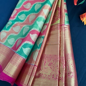 Kanchi Pattu Saree Tissue Semi Silk Saree in Green Orange Leaf Design/Gold Zari /with Peacock Design/Kanchi Pattu Green Saree/Gift Saree