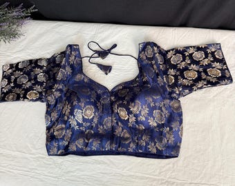 Royal Blue Banarasi Silk Saree Blouse: Size 38, Front Hook