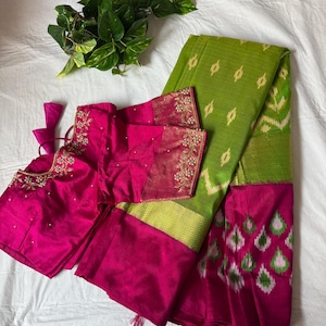 Ikkat Pure Silk Saree: Green & Rani Pink, Gold Zari, Stitched Blouse