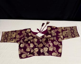 Maroon Dola Silk Saree Blouse: Zari Embroidery, Padded (Size 38-40)