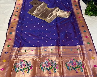 Purple to Royal Blue Paithani Saree: Soft Semi Silk with Copper Border