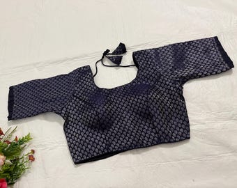 Banarasi Silk Saree Blouse: Dark Royal Blue, Size 38-40, Back Hook