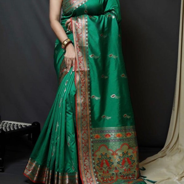 Semi Soft Silk Gold Zari Saree - Peacock