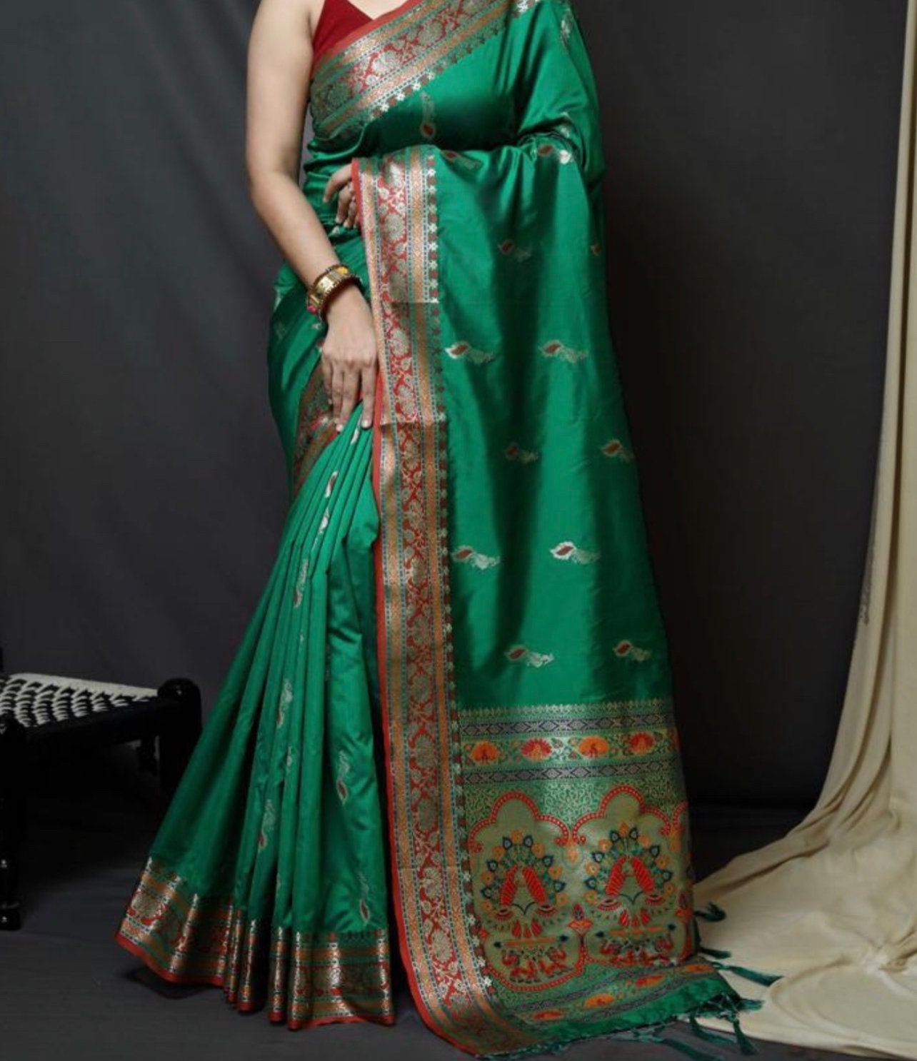 peacock color saree contrast blouse