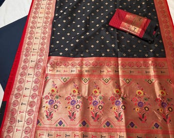 Black Paithani Silk Saree: Red & Gold Zari Border, Blouse Piece