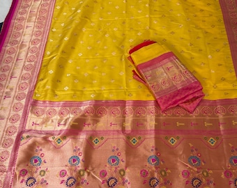 Yellow Paithani Silk Saree: Rani Pink Border, Gold Zari Work