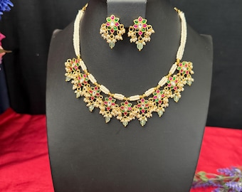 Jadau Kundan Sugar Pearl Necklace & Earrings: Light weight /Gold Finish/Indian Jewelry