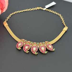 Jadau Kundan Ruby Pink Mango Necklace Only One /Gold Finish: Light weight/Indian Jewelry