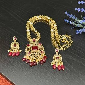 Kemp Ruby Mala Haram: CZ Maroon Indian Jewelry Set