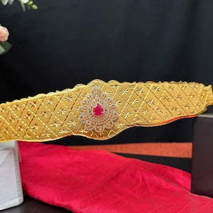 May include: A gold waist belt with a diamond-shaped pattern and a red gemstone in the center. The belt is decorated with small white stones.
