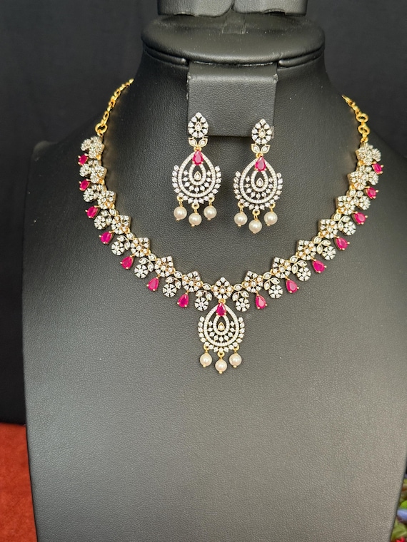 AD Ruby Pink Mini Necklace & Earrings: Two Tone Gold Finish Indian Jewelry