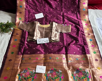 Maroon Paithani Saree: Soft Semi Silk Copper Zari with Stitched Blouse