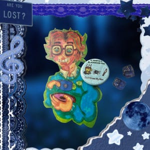 May include: A colorful illustration featuring a cartoon figure with glasses and a blue sweater, holding a record. A button with text "#1 Martin K. Blackwood Fan" and "Don't Erase My Man" is pinned on the figure. The background is a dark blue with decorative elements.