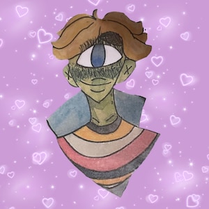 Puede incluir: Una ilustración de dibujos animados de una persona con cabello castaño, un solo ojo grande azul y una camisa a rayas. El fondo es de color púrpura claro con corazones blancos.