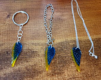 Ukraine, Wings of Hope, Angel wing Pendant, Blue and Yellow Flag, Handmade support Ukraine Necklace, Bracelet, and/or Keychain, Jewelry
