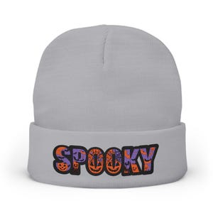 Spooky Embroidered Knit Beanie, Halloween Accessory, Cozy Fall Hat, Unique Gift, Autumn Fashion