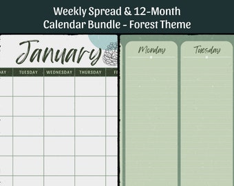 Digital Planner, Weekly & Monthly Spread - Forest Theme