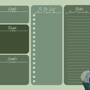 Puede incluir: Un planificador de escritorio verde con secciones para la semana, el enfoque, los objetivos, la lista de tareas y las notas. El planificador tiene una ilustración de hongo en la esquina inferior derecha. El texto es en blanco, estilo manuscrito.