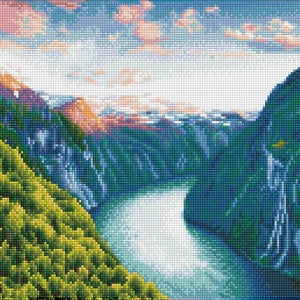 May include: A scenic landscape painting featuring a winding river flowing through a deep valley surrounded by lush green trees and towering cliffs. The sky is a vibrant blue with fluffy white clouds.