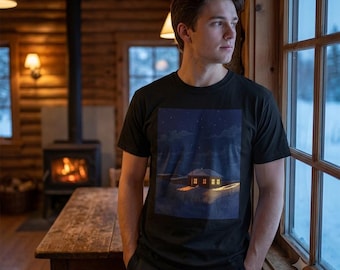 Cozy Cabin at Night T-Shirt | Winter Nightscape, Snowy House