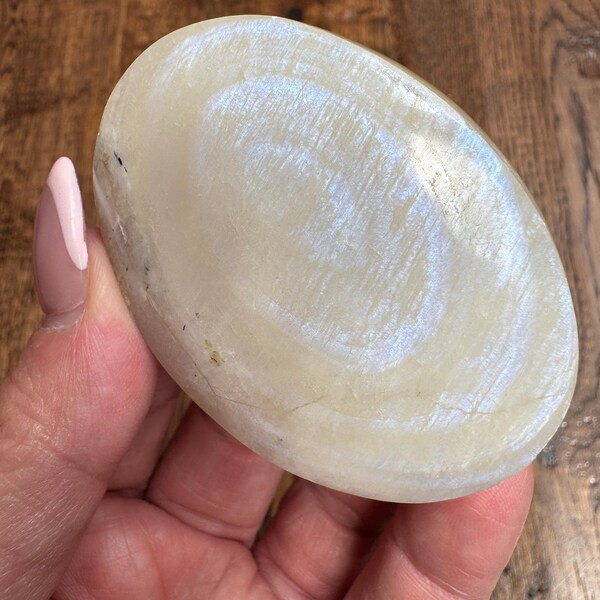 Blue Moonstone Crystal palm stone 2 1/2” (with natural inclusions)