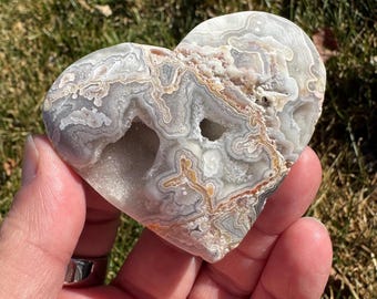 Mexican Crazy lace agate crystal heart 2 1/8” (with natural inclusions)