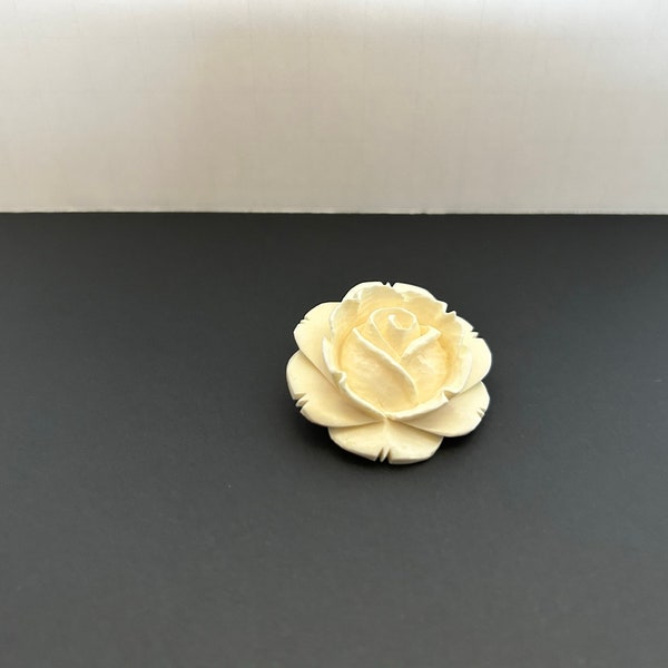 Vintage Intricately Hand Carved Bovine Bone Rose Flower Brooch