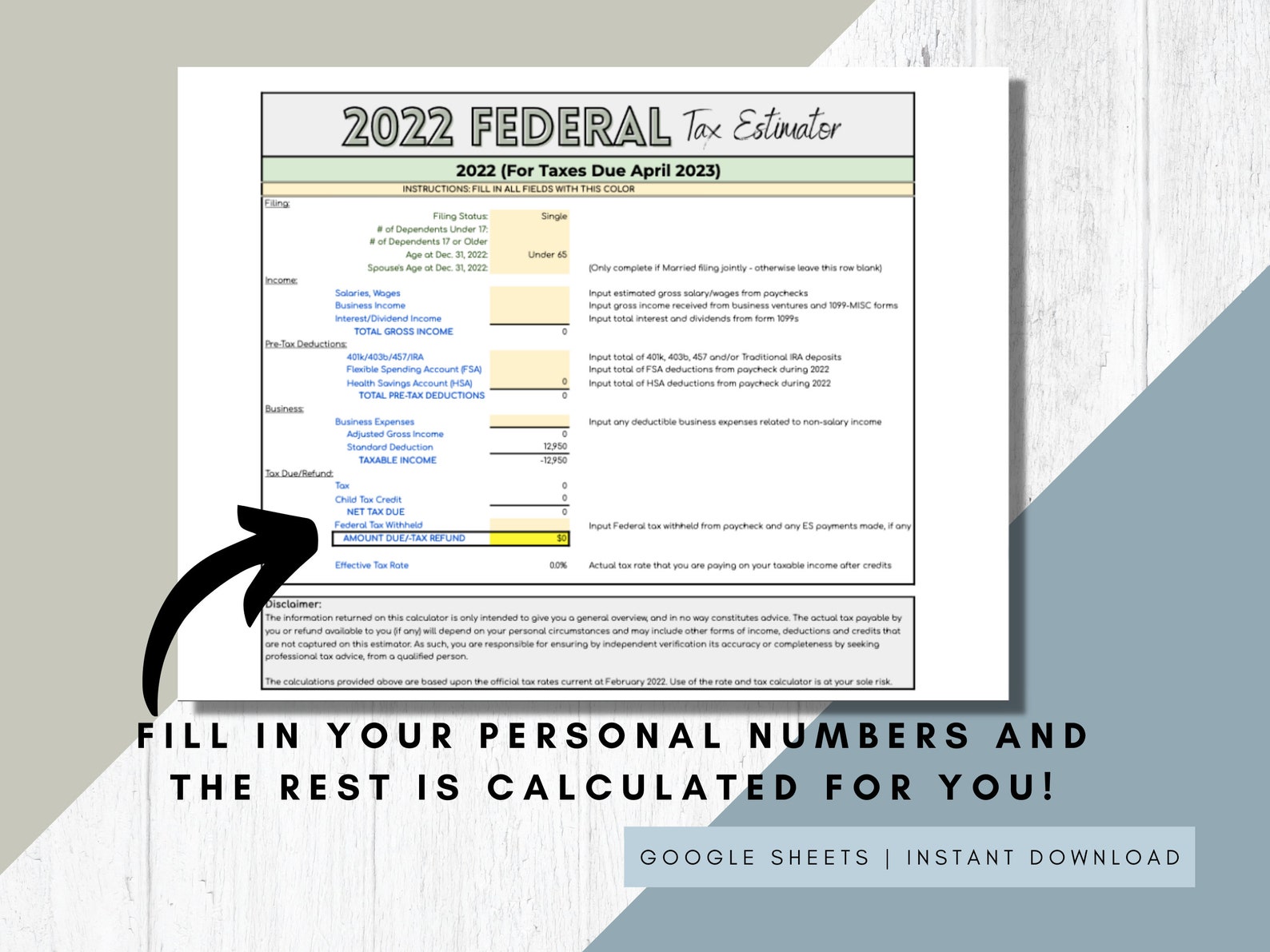 2022 Federal Tax Estimator Tax Spreadsheets Tax Etsy