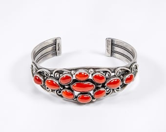 Vintage Silver & Red Corral Cuff Bracelet- Sterling 925