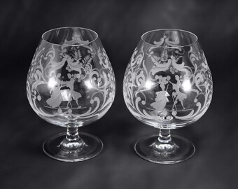 2x Vintage Stoltz Crystal Venetian Cognac Glasses -Etched Victorian Dancing Couple