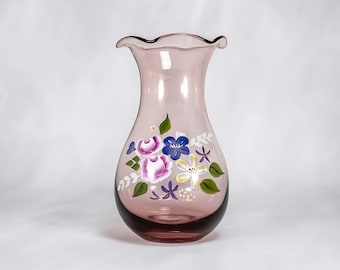Fenton Teleflora Vase Purple Amethyst Hand Painted Flowers 8"