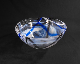 Kosta Boda Contrast White 9" Bowl -Signed - White, blue and black glass swirls