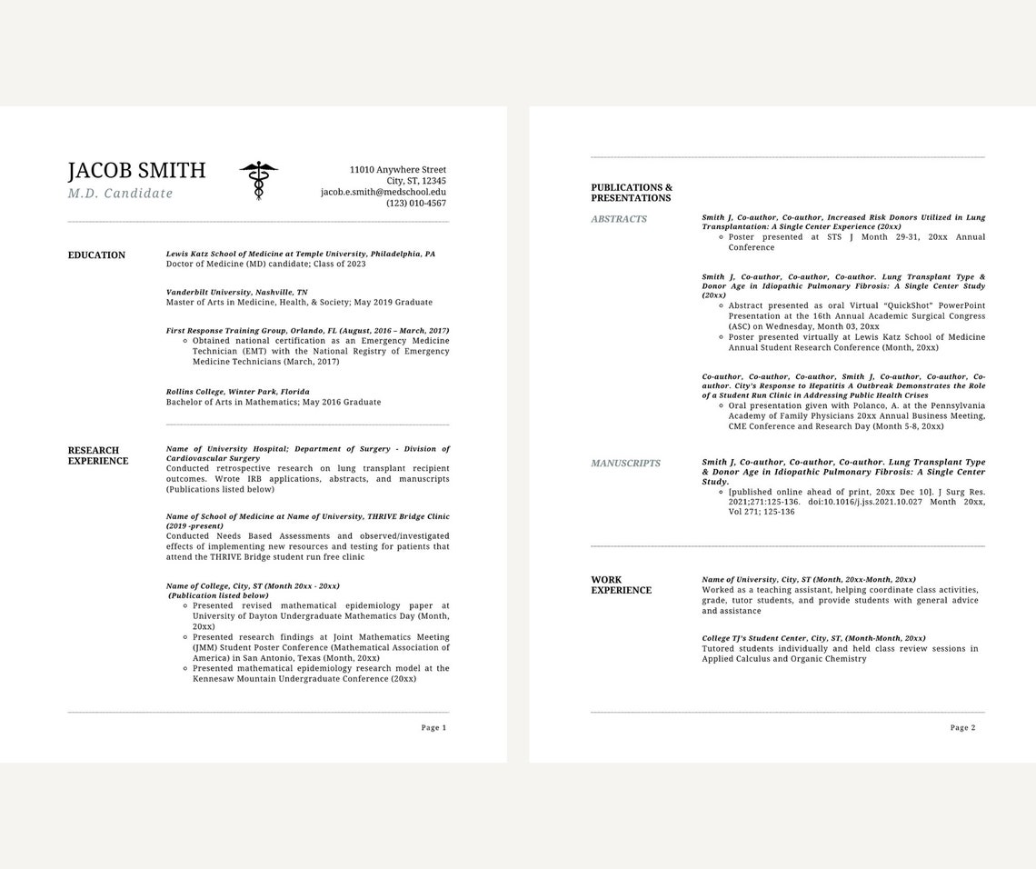 Resume Template, Resident Resume CV Template Medical Student Resume